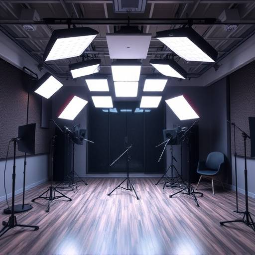 A complex lighting setup in a recording studio, showcasing LED panels and softboxes.