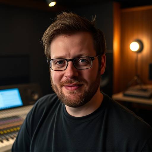 Headshot of Ben Carter, a mastering engineer, in a dimly lit studio setting.