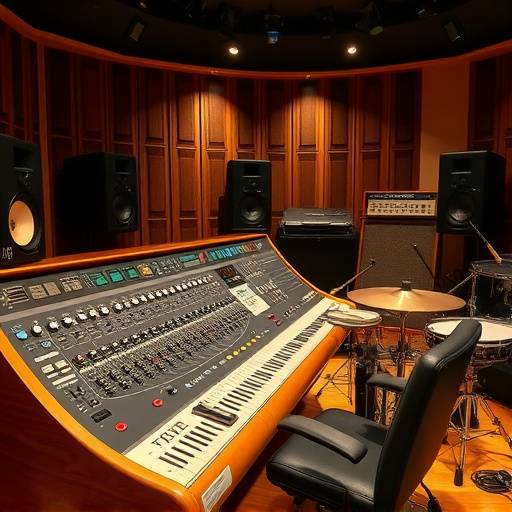 Interior of Studio A, showcasing a large vintage Neve mixing console and a drum kit, ready for a recording session.