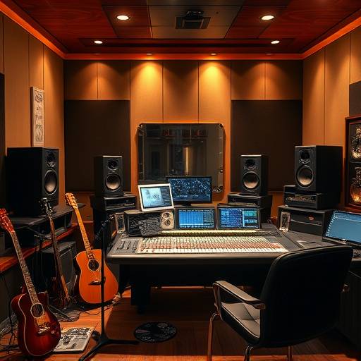 Interior of Studio A, showcasing a large mixing console and various instruments.