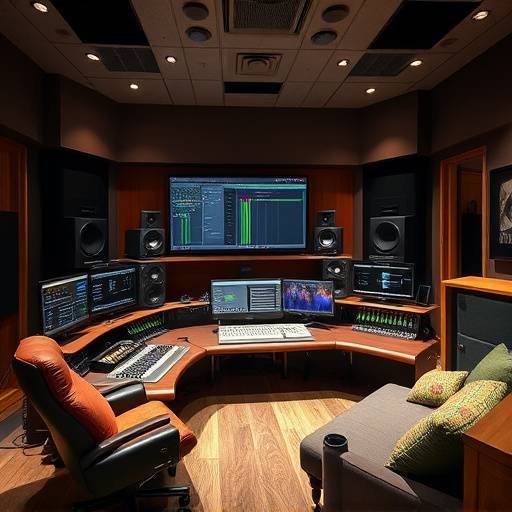 The comfortable and professionally designed control room of Studio C, equipped with ProTools, Genelec monitoring, and a producer's workstation.